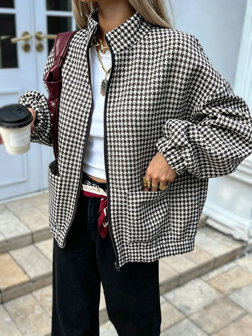 Houndstooth Stand Collar Zip Jacket With Pockets - Black