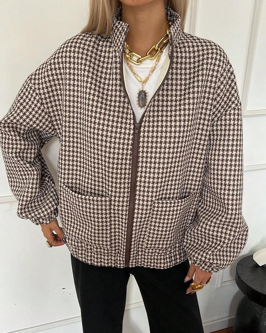 Houndstooth Stand Collar Zip Jacket With Pockets - Brown
