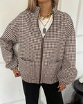 Houndstooth Stand Collar Zip Jacket With Pockets - Brown