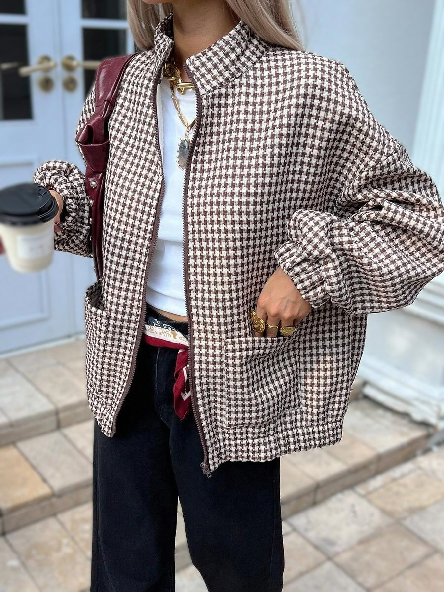 Houndstooth Stand Collar Zip Jacket With Pockets - Brown - 1
