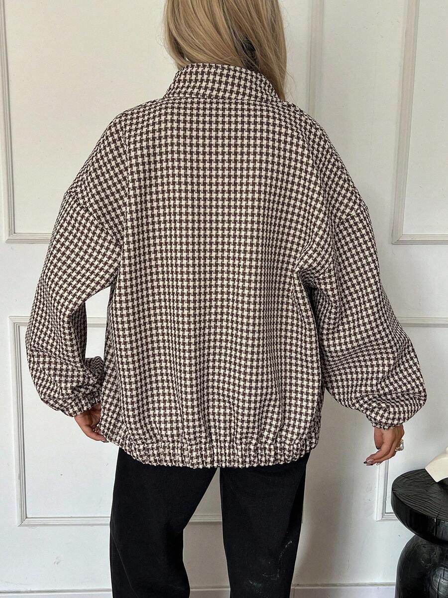 Houndstooth Stand Collar Zip Jacket With Pockets - Brown - 2