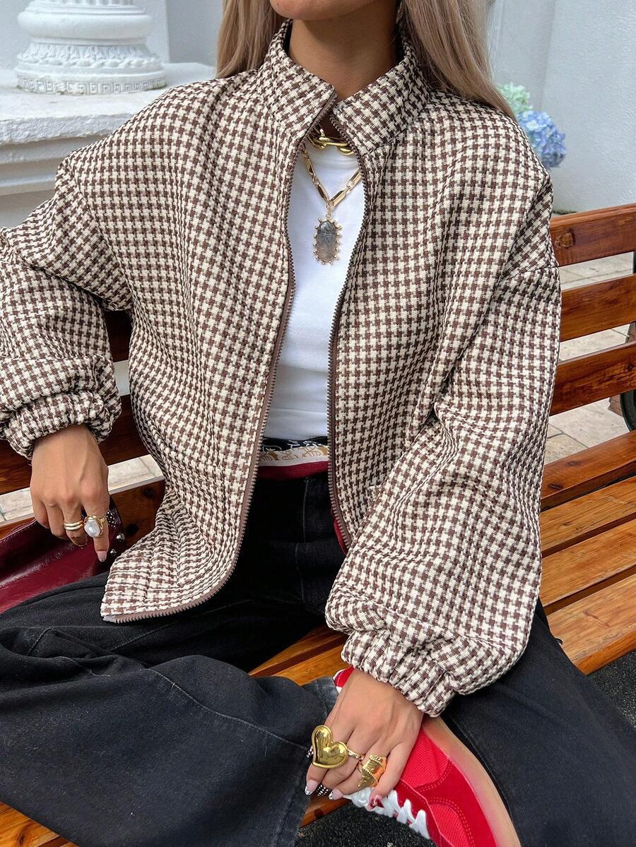 Houndstooth Stand Collar Zip Jacket With Pockets - Brown - 3