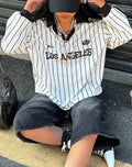 Pinstripe Varsity Letter Print Collared Blouse - White