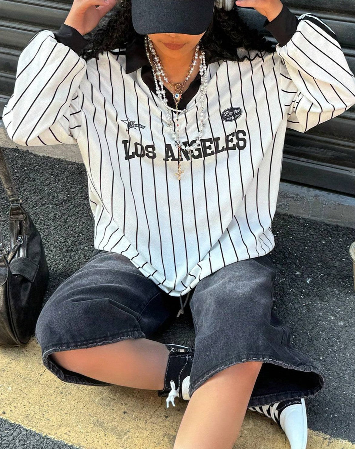 Pinstripe Varsity Letter Print Collared Blouse - White