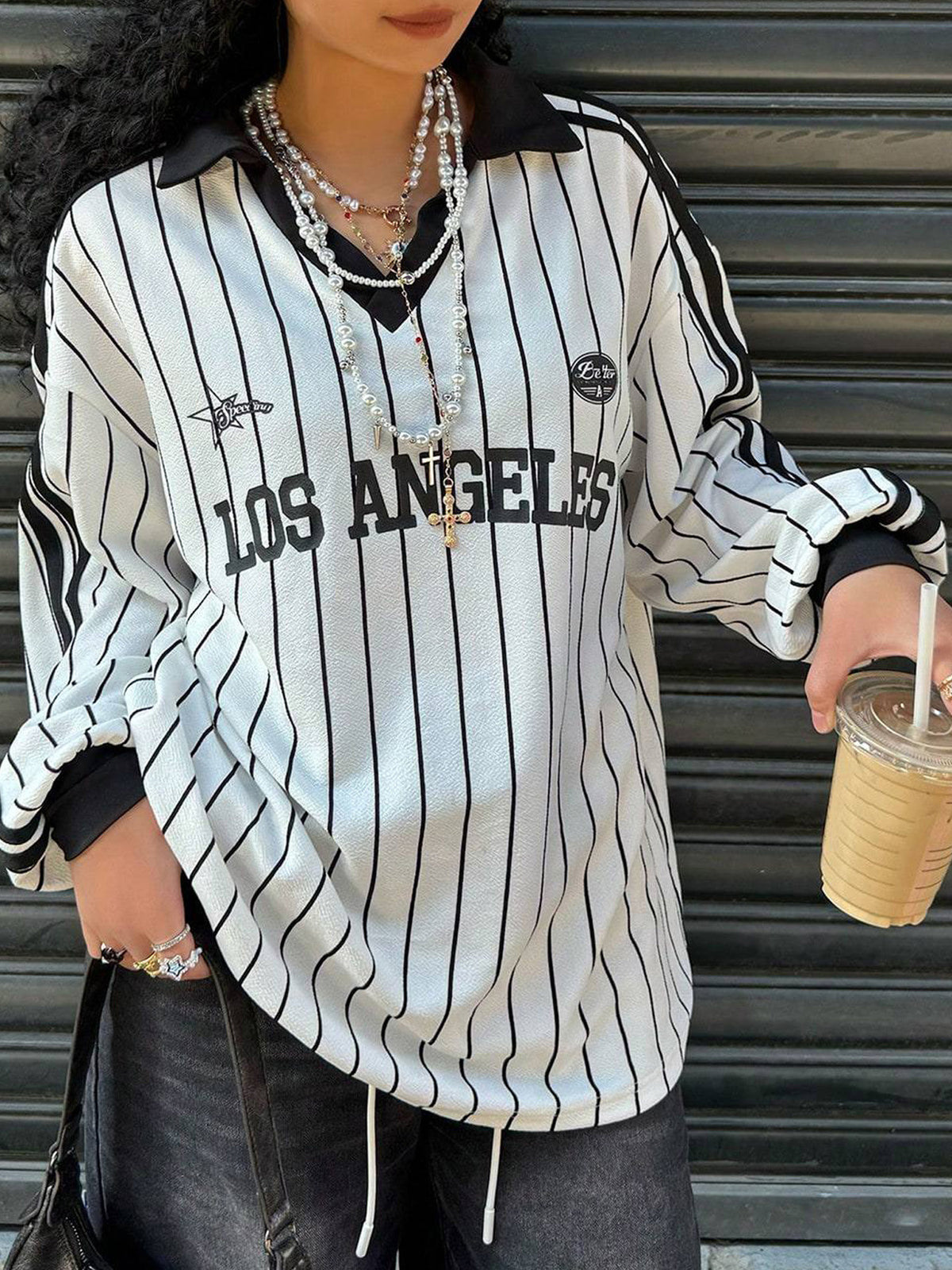Pinstripe Varsity Letter Print Collared Blouse - White - 1
