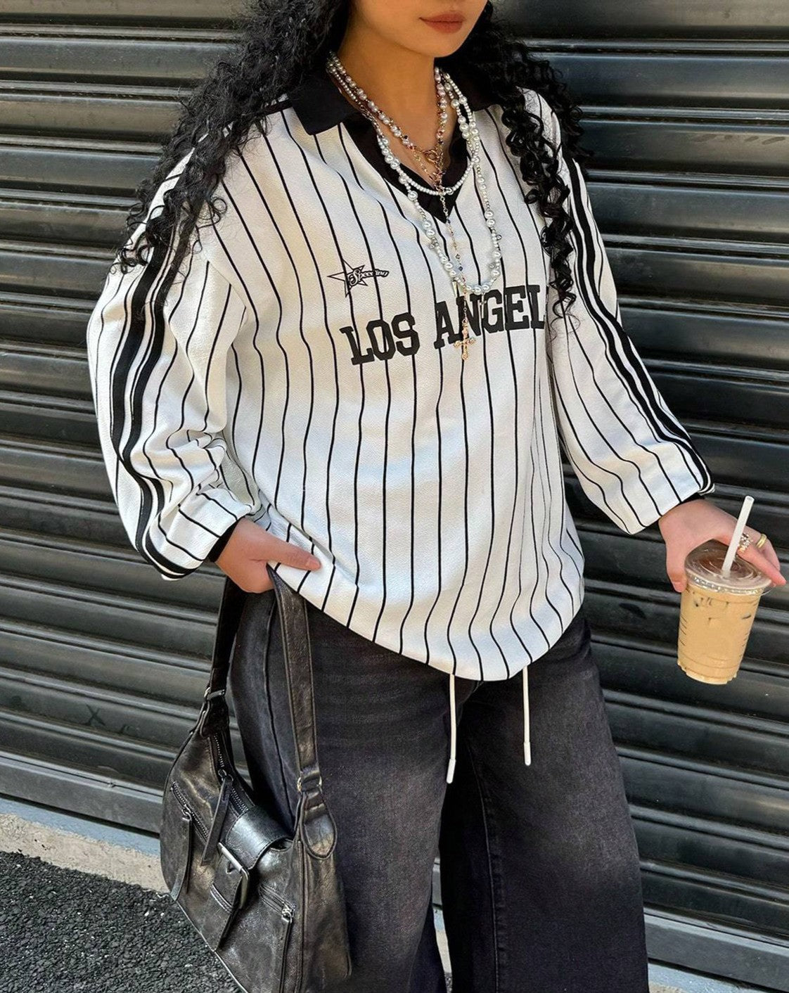Pinstripe Varsity Letter Print Collared Blouse - White - 2
