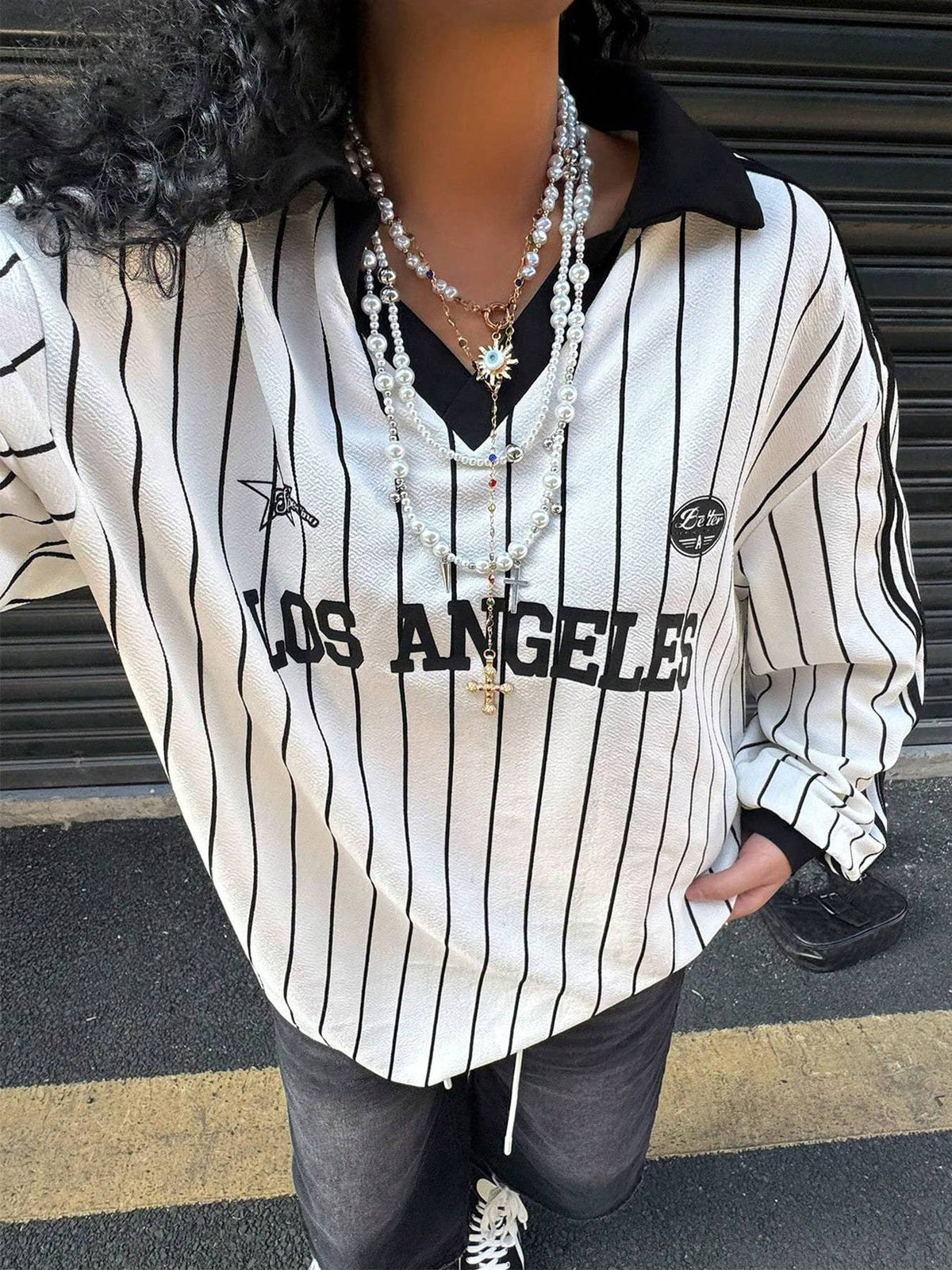 Pinstripe Varsity Letter Print Collared Blouse