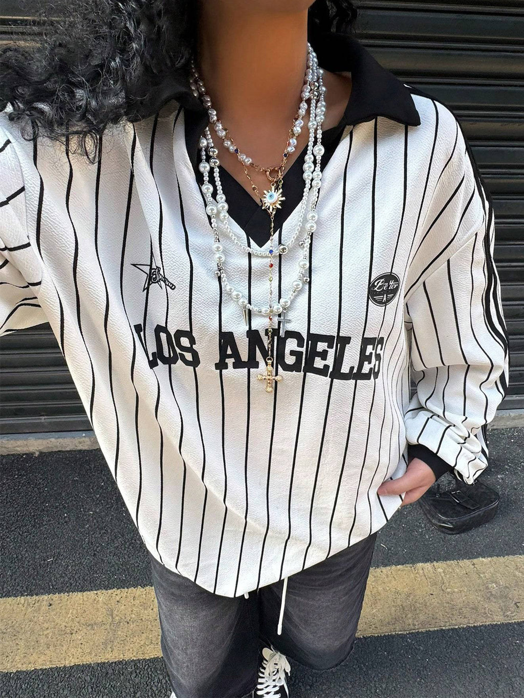 Pinstripe Varsity Letter Print Collared Blouse - view 1