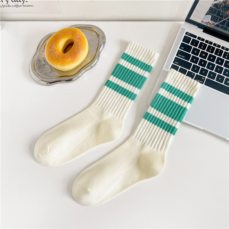 Retro Striped Cuff Crew Socks - Color_22