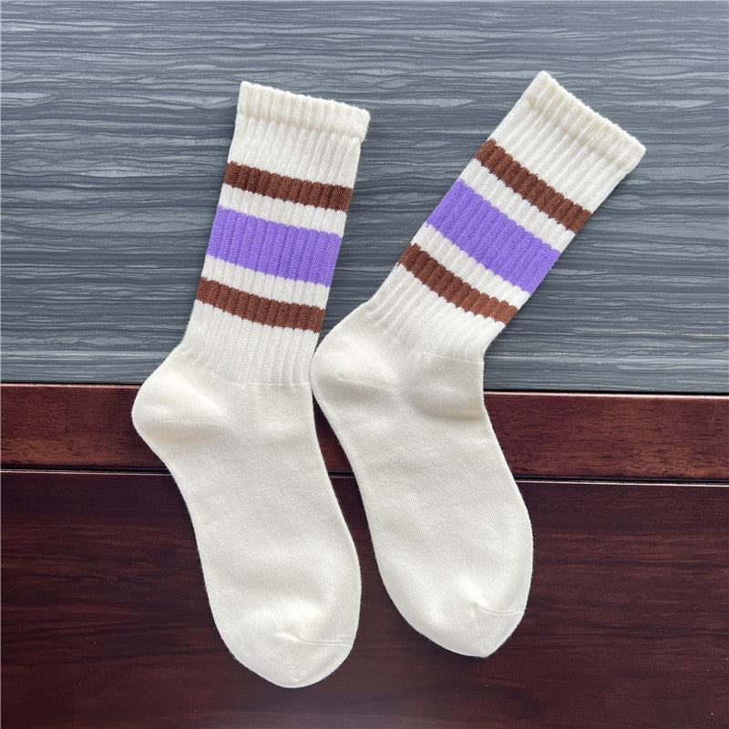 Retro Striped Cuff Crew Socks - Color_8