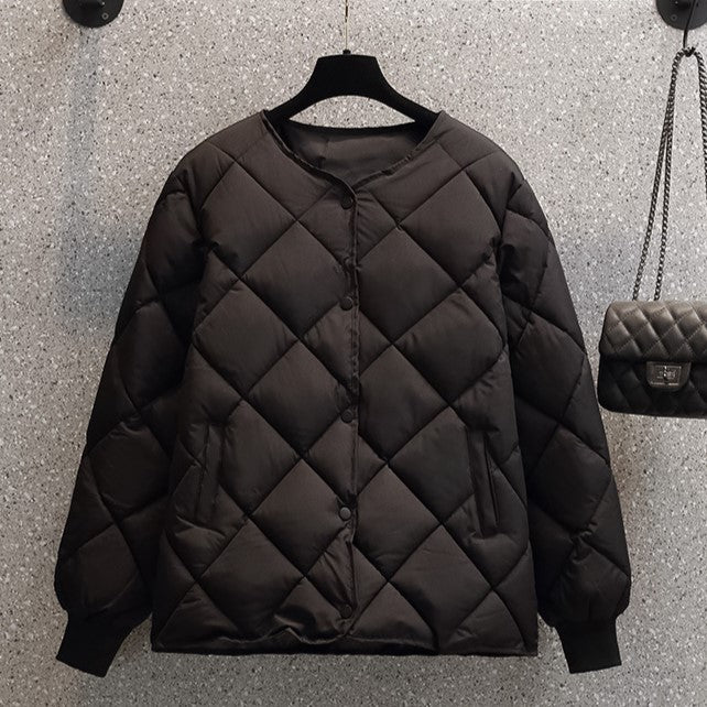 Round Neck Lightweight Quilted Jacket - Black - 1