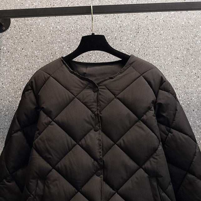 Round Neck Lightweight Quilted Jacket - Black - 3