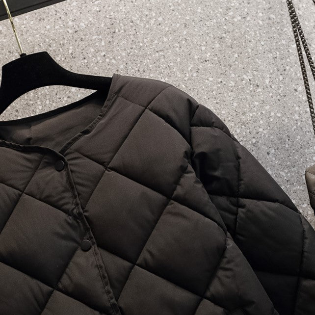 Round Neck Lightweight Quilted Jacket - Black - 4