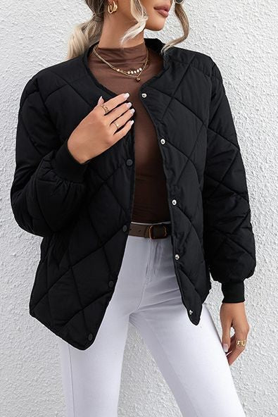 Round Neck Lightweight Quilted Jacket - Black - 6