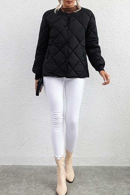 Round Neck Lightweight Quilted Jacket - Black - 7