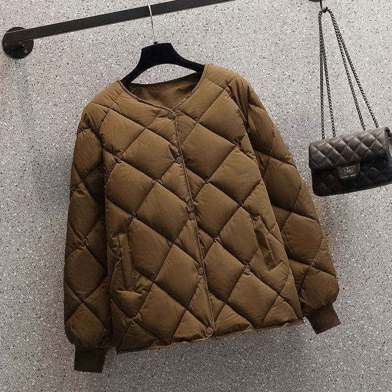 Round Neck Lightweight Quilted Jacket - Brown