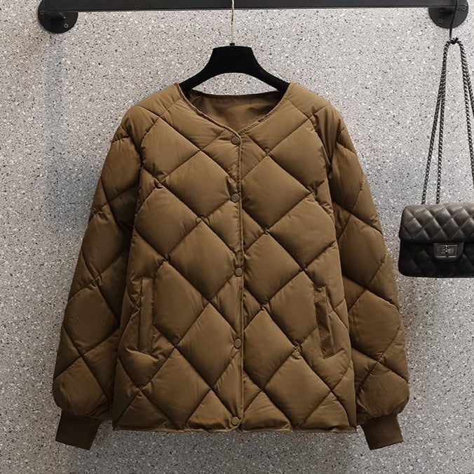 Round Neck Lightweight Quilted Jacket - Brown - 1