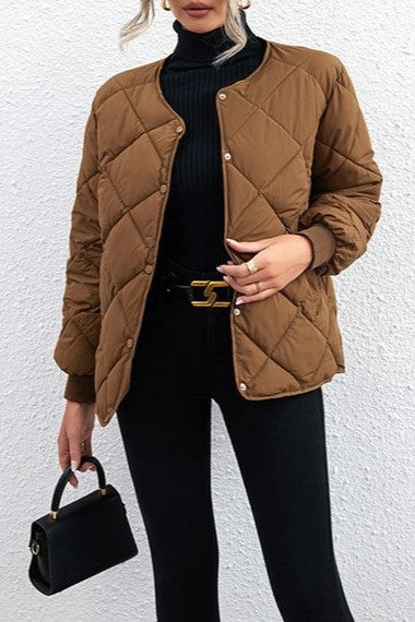Round Neck Lightweight Quilted Jacket - Brown - 10