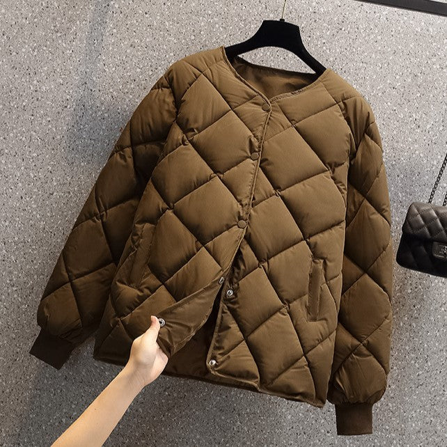 Round Neck Lightweight Quilted Jacket - Brown - 2