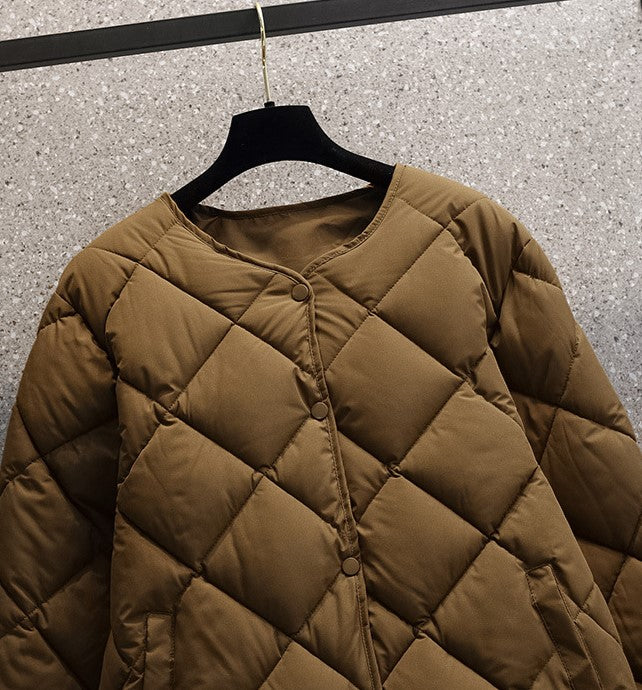 Round Neck Lightweight Quilted Jacket - Brown - 3