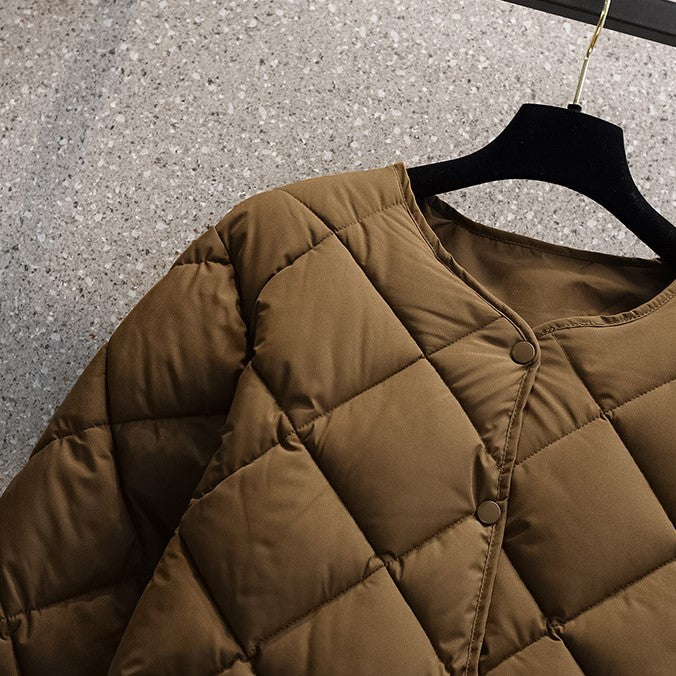 Round Neck Lightweight Quilted Jacket - Brown - 4