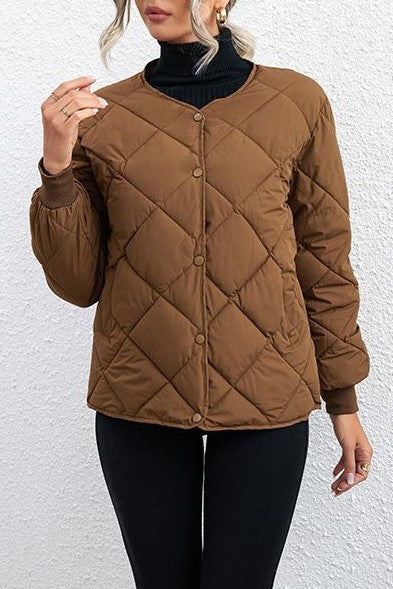 Round Neck Lightweight Quilted Jacket - Brown - 9