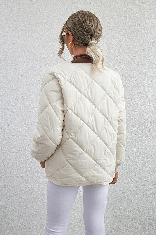 Round Neck Lightweight Quilted Jacket - White - 11