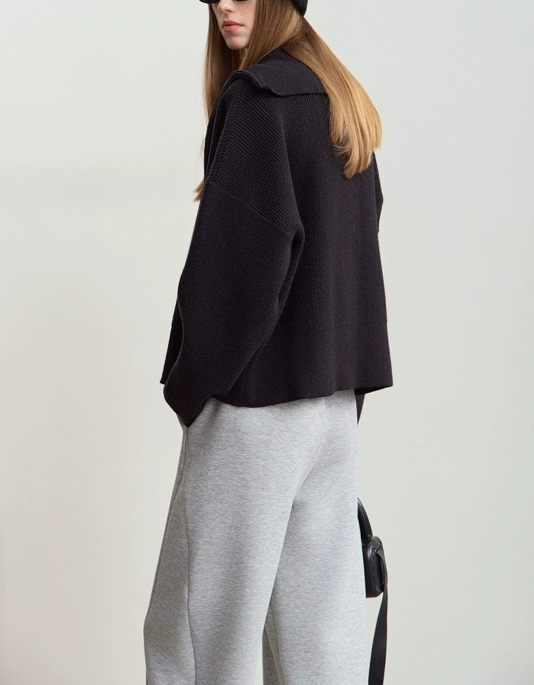 Zip Front Collared Knit Sweater Jacket - Black - 1