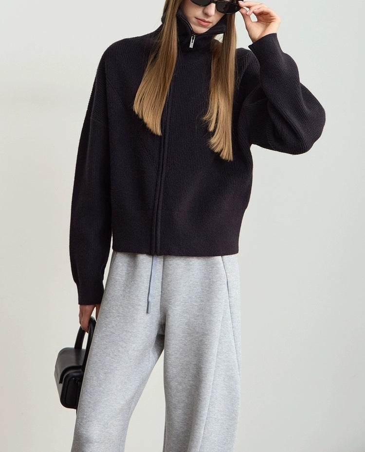 Zip Front Collared Knit Sweater Jacket - Black - 2