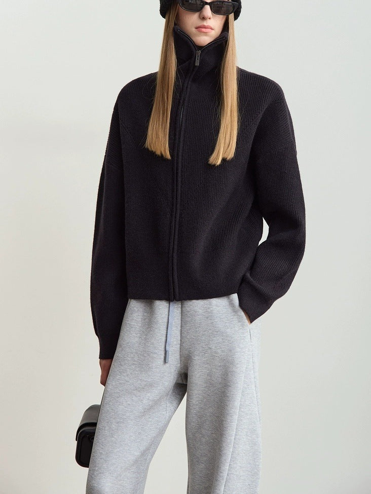 Zip Front Collared Knit Sweater Jacket - Black - 3