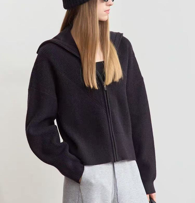 Zip Front Collared Knit Sweater Jacket - Black - 4