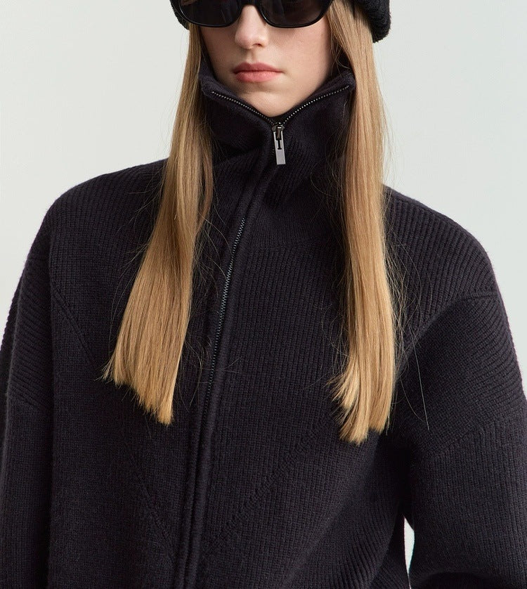 Zip Front Collared Knit Sweater Jacket - Black - 5