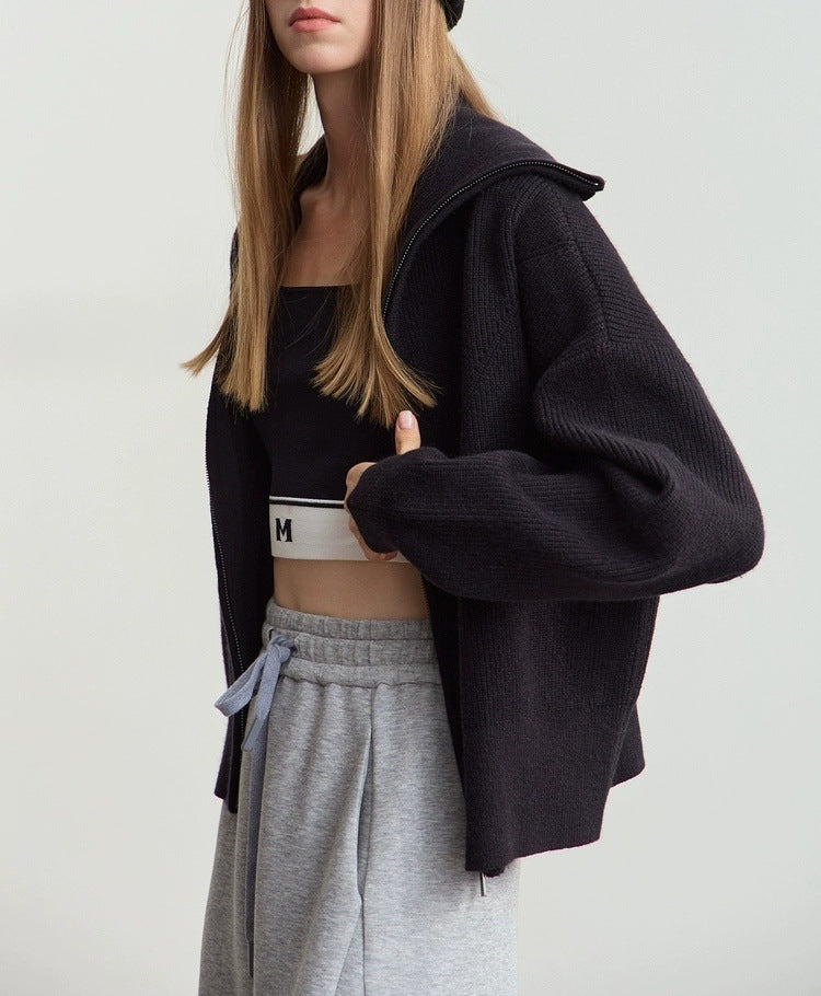 Zip Front Collared Knit Sweater Jacket - Black - 6