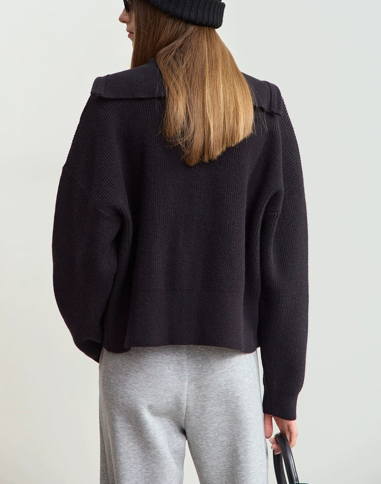 Zip Front Collared Knit Sweater Jacket - Black - 8
