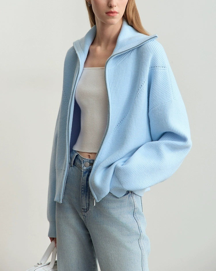 Zip Front Collared Knit Sweater Jacket - Blue