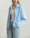 Zip Front Collared Knit Sweater Jacket - Blue