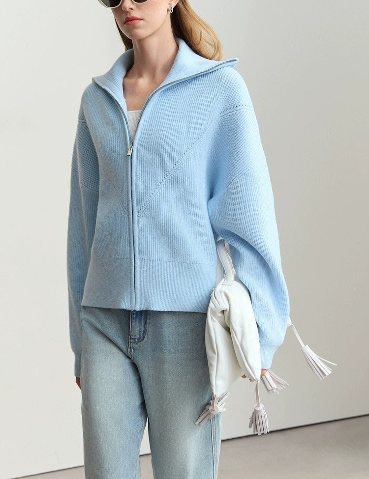 Zip Front Collared Knit Sweater Jacket - Blue - 1