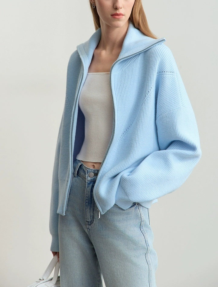 Zip Front Collared Knit Sweater Jacket - Blue - 2