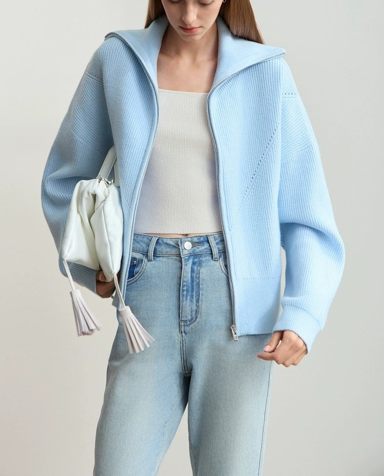 Zip Front Collared Knit Sweater Jacket - Blue - 3