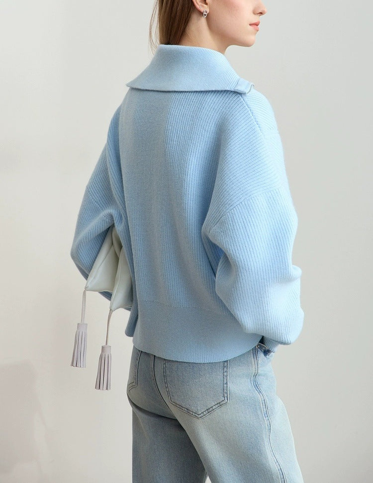 Zip Front Collared Knit Sweater Jacket - Blue - 4