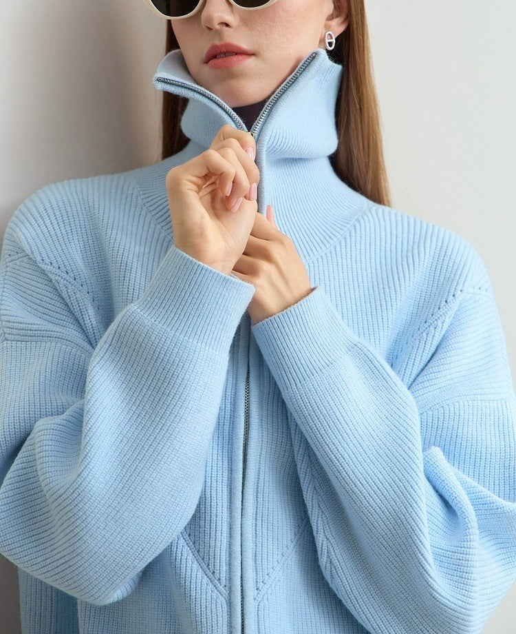 Zip Front Collared Knit Sweater Jacket - Blue - 6