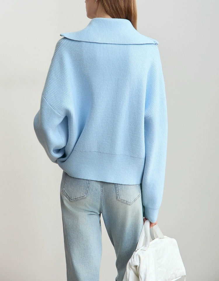 Zip Front Collared Knit Sweater Jacket - Blue - 8