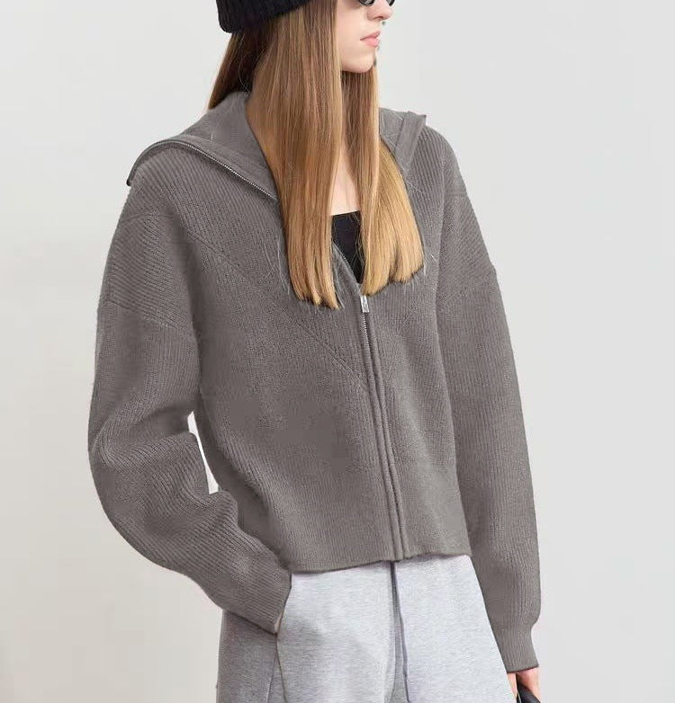 Zip Front Collared Knit Sweater Jacket - Grey