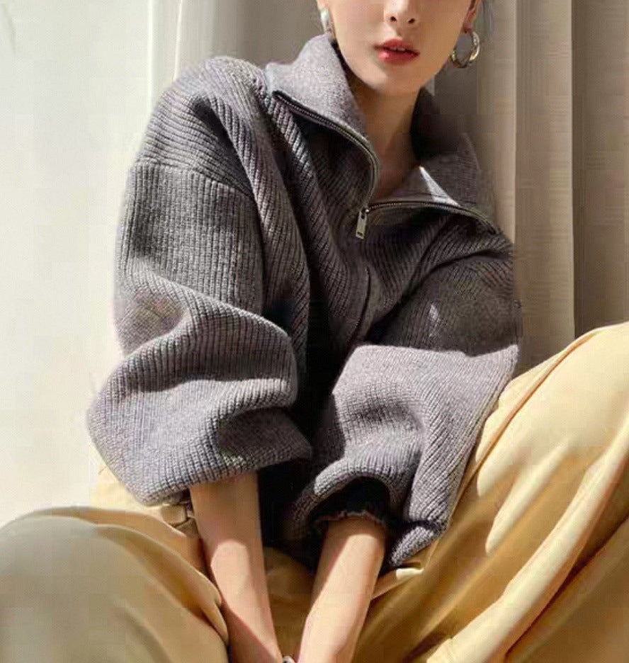 Zip Front Collared Knit Sweater Jacket - Grey - 1