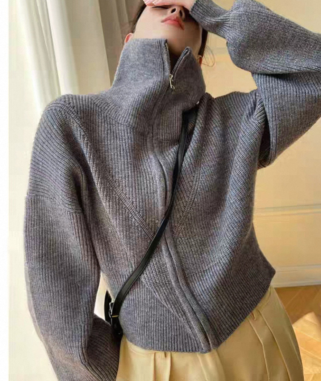 Zip Front Collared Knit Sweater Jacket - Grey - 3