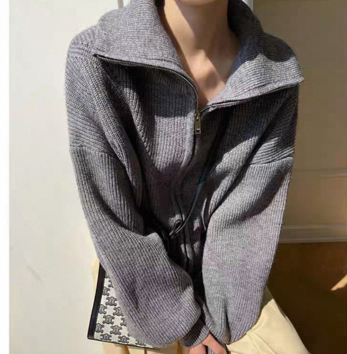 Zip Front Collared Knit Sweater Jacket - Grey - 4