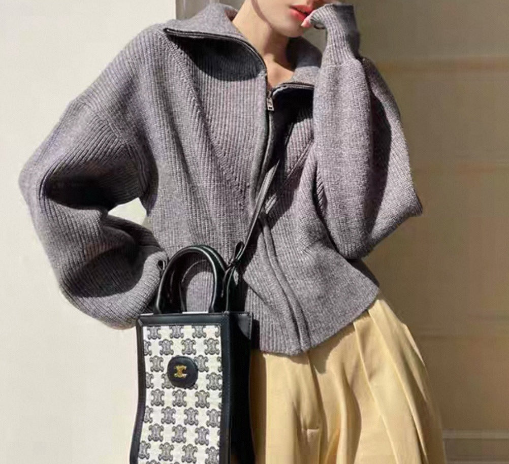Zip Front Collared Knit Sweater Jacket - Grey - 5