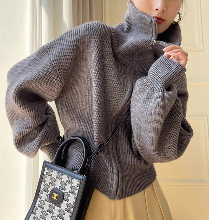 Zip Front Collared Knit Sweater Jacket - Grey - 6