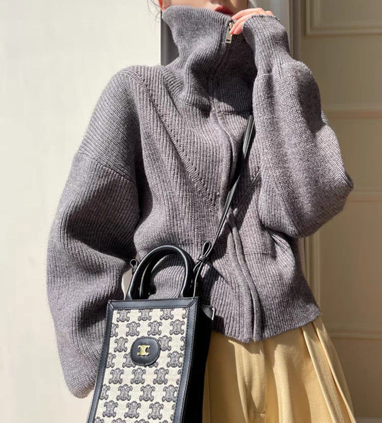 Zip Front Collared Knit Sweater Jacket - Grey - 7