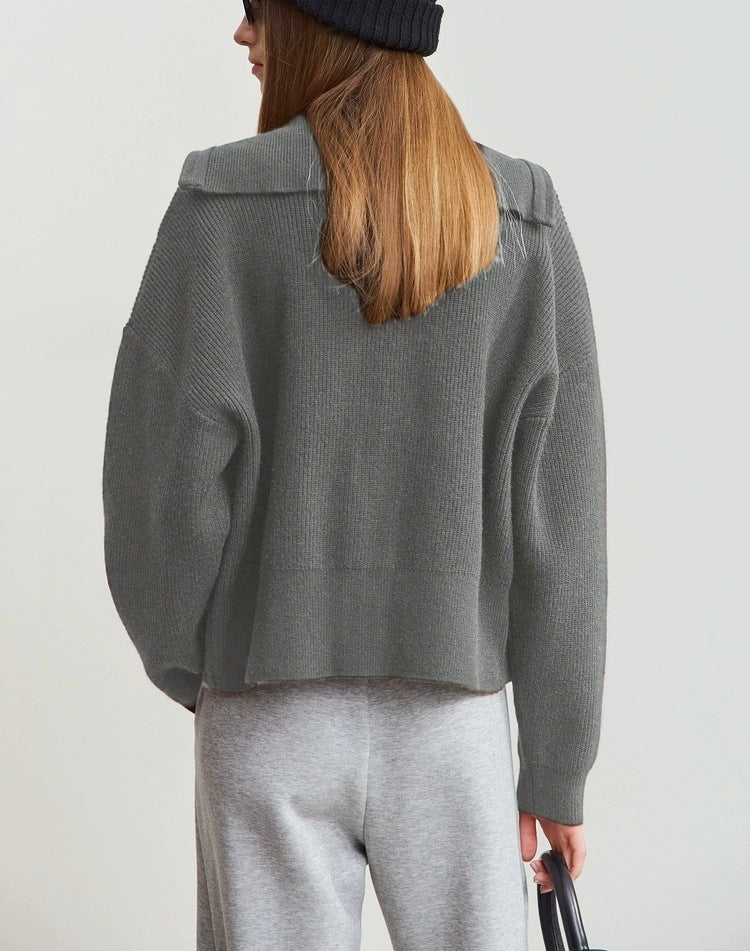 Zip Front Collared Knit Sweater Jacket - Grey - 8